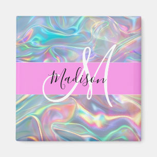 Girly Rainbow Holografische Iridescent Monogram Na Magneet