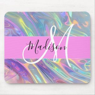 Girly Rainbow Holografische Iridescent Monogram Na Muismat