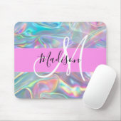 Girly Rainbow Holografische Iridescent Monogram Na Muismat (Met muis)