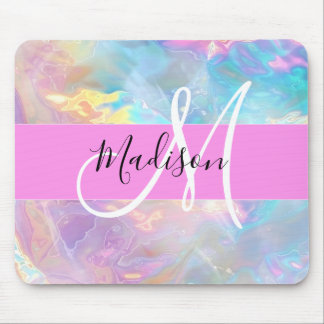 Girly Rainbow Holografische Iridescent Monogram Na Muismat
