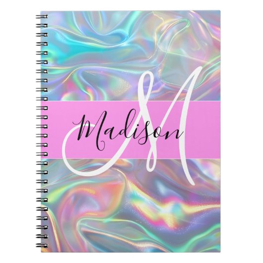 Girly Rainbow Holografische Iridescent Monogram Na Notitieboek (Voorkant)