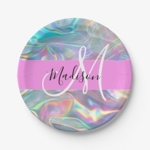 Girly Rainbow Holografische Iridescent Monogram Na Papieren Bordje