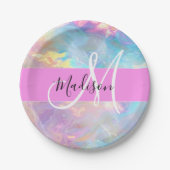 Girly Rainbow Holografische Iridescent Monogram Na Papieren Bordje (Voorkant)