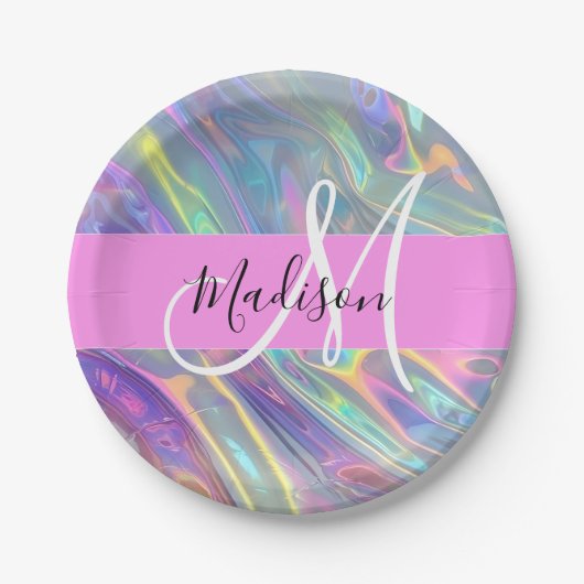 Girly Rainbow Holografische Iridescent Monogram Na Papieren Bordje (Voorkant)