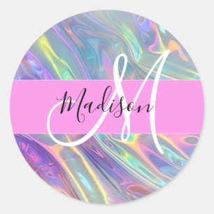 Girly Rainbow Holografische Iridescent Monogram Na Ronde Sticker