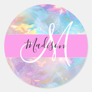 Girly Rainbow Holografische Iridescent Monogram Na Ronde Sticker