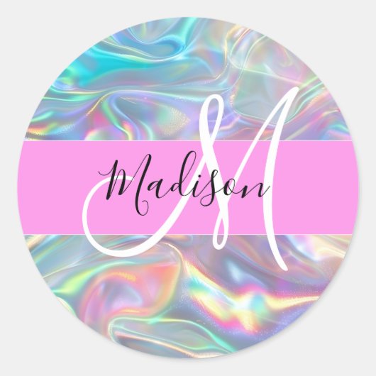 Girly Rainbow Holografische Iridescent Monogram Na Ronde Sticker (Voorkant)
