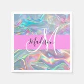 Girly Rainbow Holografische Iridescent Monogram Na Servet (Voorkant)