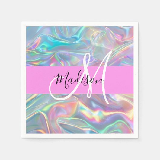 Girly Rainbow Holografische Iridescent Monogram Na Servet (Voorkant)