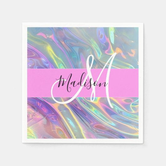 Girly Rainbow Holografische Iridescent Monogram Na Servet (Voorkant)