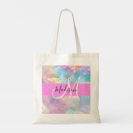 Girly Rainbow Holografische Iridescent Monogram Na Tote Bag (Achterkant)