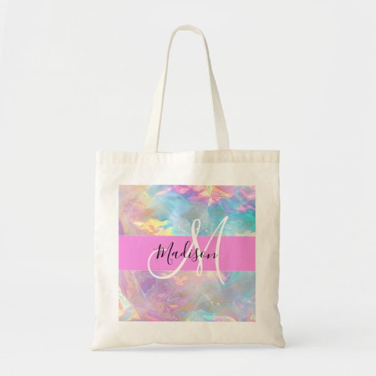 Girly Rainbow Holografische Iridescent Monogram Na Tote Bag (Voorkant)