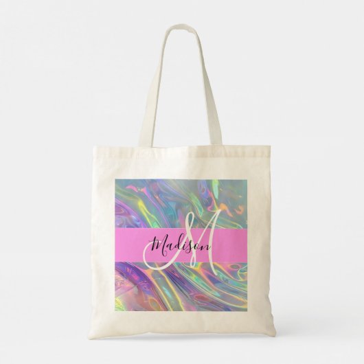 Girly Rainbow Holografische Iridescent Monogram Na Tote Bag (Achterkant)
