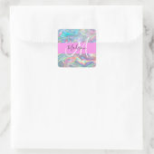 Girly Rainbow Holografische Iridescent Monogram Na Vierkante Sticker (Tas)