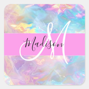 Girly Rainbow Holografische Iridescent Monogram Na Vierkante Sticker