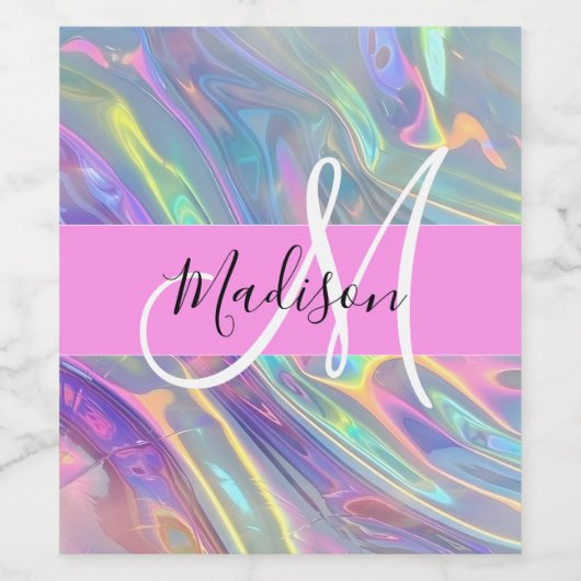 Girly Rainbow Holografische Iridescent Monogram Na Wijn Etiket (Enkel label)