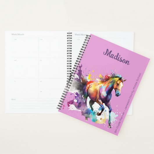 Girly Rainbow Horse Paarse aangepaste naam Planner (Display)