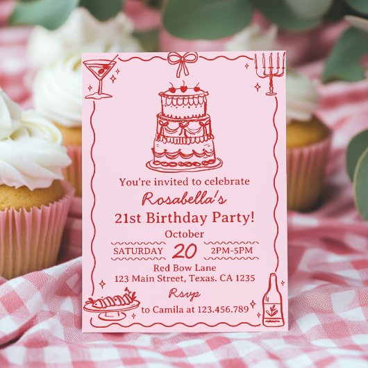 Girly Red and Pink Bow Cake Birthday Invitation
