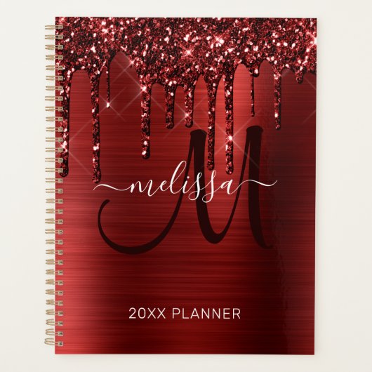 Girly Red Dripping Glitter Brushed Metal 2023 Planner (Voorkant)