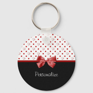 Girly Red en Black Polka Dot hoort kraai met naam Sleutelhanger