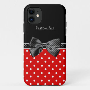 Girly Red en Black Polka Dots met naam en toenaam iPhone 11 Hoesje