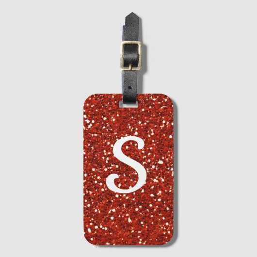 Girly Red Glitter Monogram Initiaal Bagagelabel (Voorkant (verticaal))