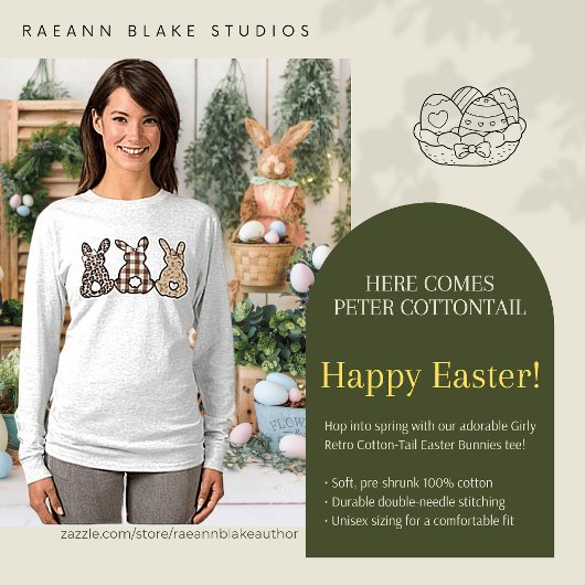 Girly Retro Cotton-Tail Easter Bunnies Long-Sleeve T-shirt