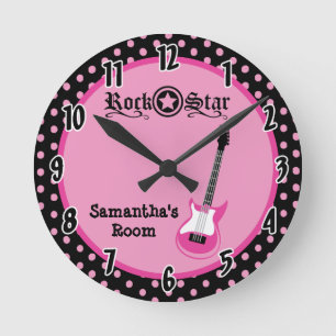 Girly Rock Star Pink Guitar Personalized Clock Ronde Klok