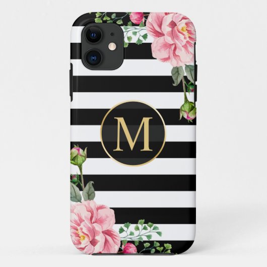 Girly Romantic Flower Black White Stripes Monogram Case-Mate iPhone Case (Achterkant)
