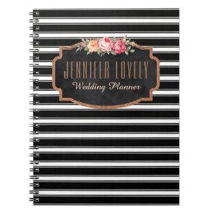 Girly Roos Gold B&W Stripes   Jouw naam Monogram Notitieboek