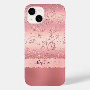 Girly Roos Gold Blush Pink Floral Sparkle Name Case-Mate iPhone 14 Hoesje