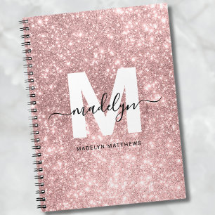 Girly Roos Gold Blush Pink Glitter Monogram Notitieboek