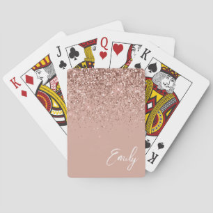 Girly Roos Gold Blush Pink Glitter Monogram Pokerkaarten
