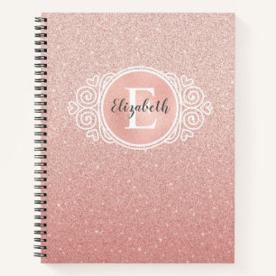 Girly Roos Gold Blush Roze Glitter Monogram Naam Notitieboek