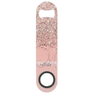 Girly Roos Gold Confetti Pink Gradient Monogram Speed Flessenopener