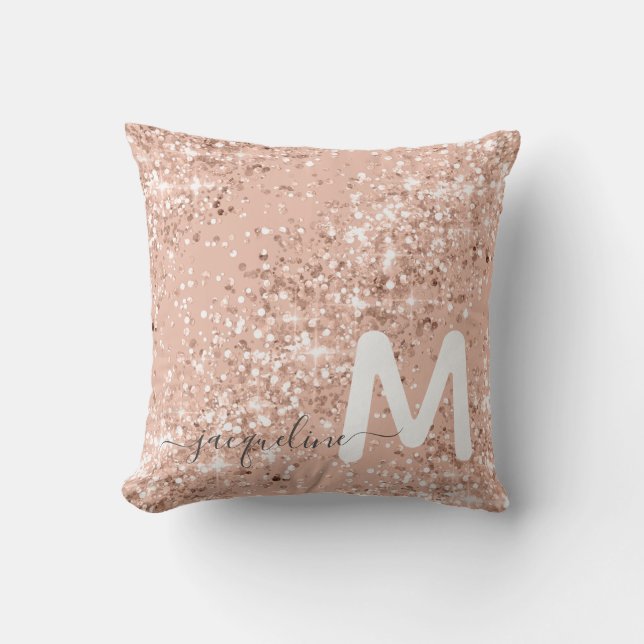 Girly Roos Gold Glitter Blush Monogram  Kussen (Voorkant)