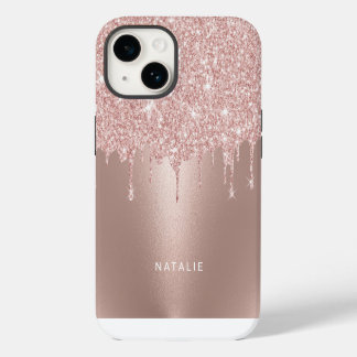 Girly Roos Gold Glitter Drift Custom Name iPhone 14 Hoesje