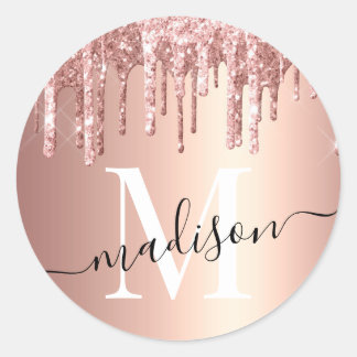 Girly Roos Gold Glitter Drip Folie Monogram Ronde Sticker