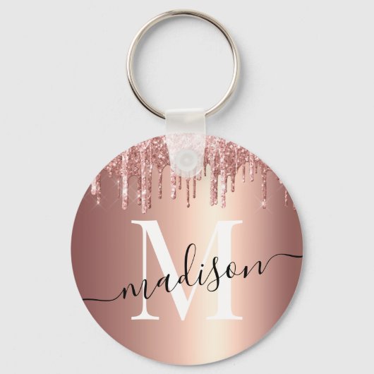Girly Roos Gold Glitter Drip Folie Monogram Sleutelhanger (Voorkant)
