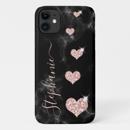 Girly Roos Gold Glitter Hearts Black Marble Name Case-Mate iPhone Case (Achterkant)