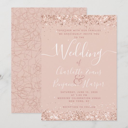 Girly Roos Gold Glitter Huwelijksuitnodiging Kaart (Voorkant / Achterkant)