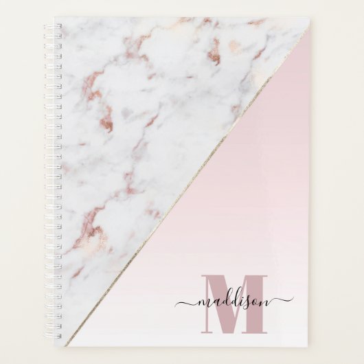 Girly Roos Gold Glitter Marble Monogram Planner (Voorkant)