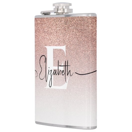 Girly Roos Gold Glitter Monogram Zwart Script Naam Heupfles (Links)