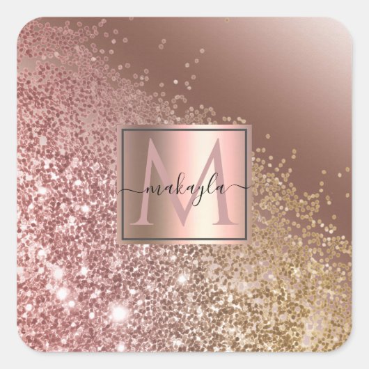 Girly Roos Gold Glitter Name Monogram Vierkante Sticker (Voorkant)