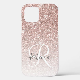 Girly Roos Gold Glitter Pink Monogram Naam iPhone 12 Pro Hoesje