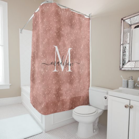Girly Roos Gold Glitter Sparkle Monogram Script Douchegordijn (In situ)