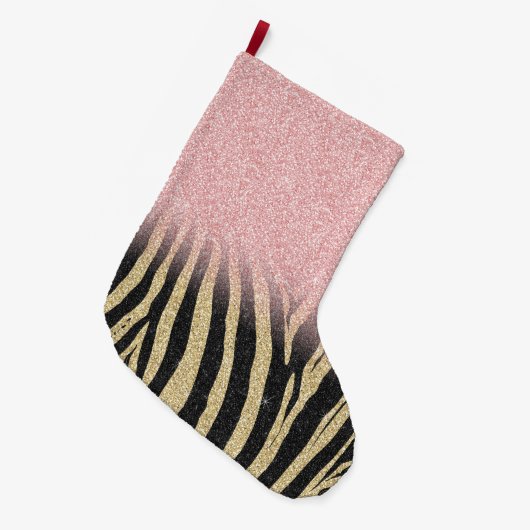 Girly Roos Gold Glitter Sparkles Black Zebra Print Grote Kerstsok (Voorkant (Hangend))