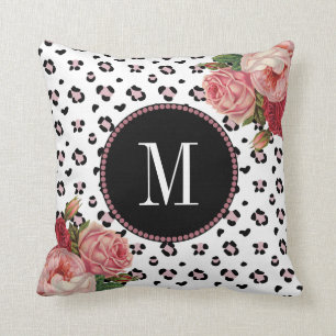 Girly Roos Gold Leopard Floral Monogram Kussen