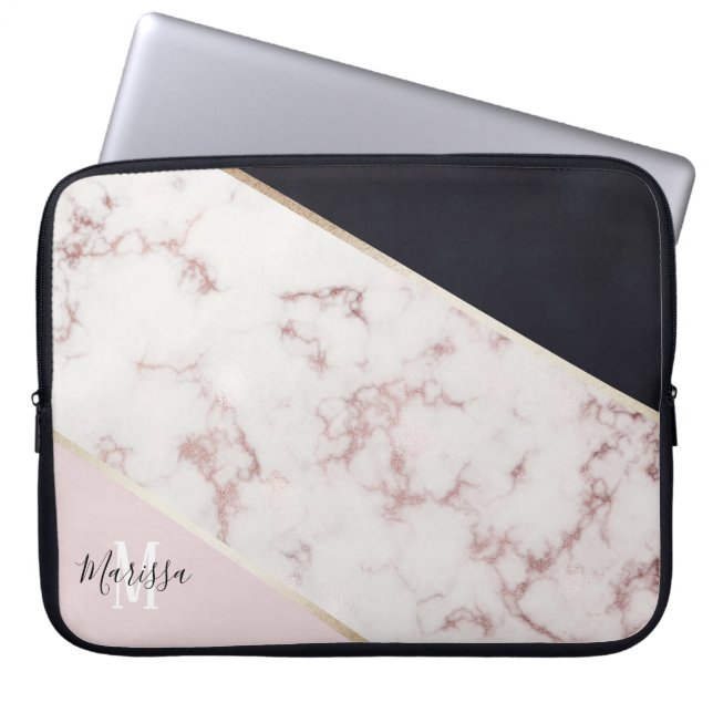 Girly Roos Gold Marble Abstract Monogram Laptop Sleeve (Voorkant)