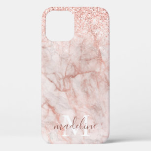 Girly Roos Gold Marble Glitter Monogramname iPhone 12 Hoesje